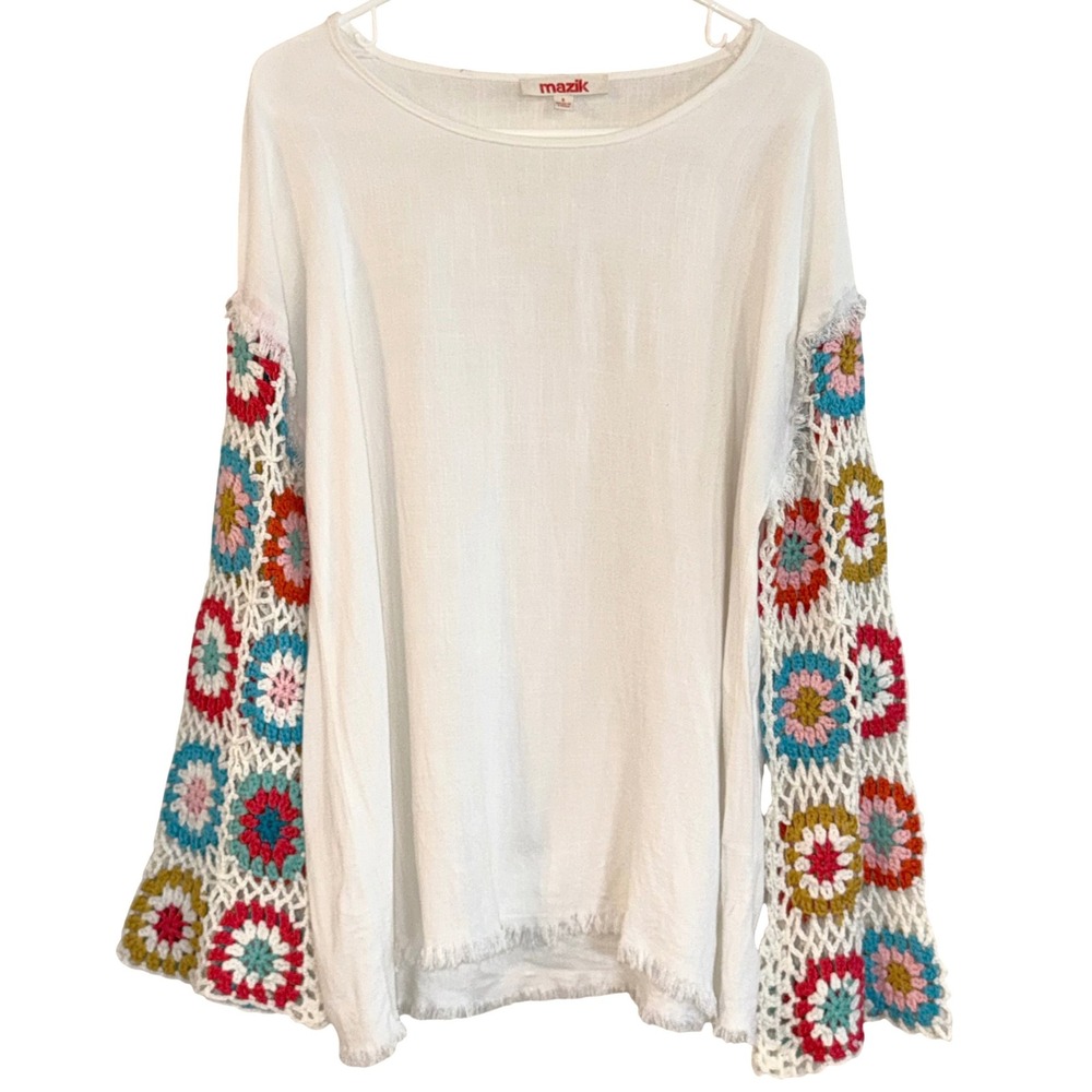 Mazik Boho Crochet Sleeve Top Off White / Cream Bell Sleeve Womens Small